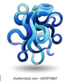Illustration in stained glass style with blue octopus, animal isolated on white background