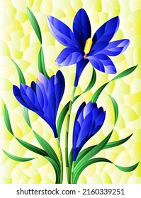 Illustration in stained glass style with blue  hyacinth flowers on a yeollw background, rectangular image