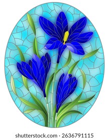 Illustration in stained glass style with a blue hyacinth flowers on a blue background, oval image