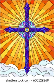 Illustration in stained glass style with blue bright cross on a background of orange sky and clouds