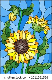 Illustration in stained glass style with a bouquet of sunflowers, flowers,buds and leaves of the flower on blue background