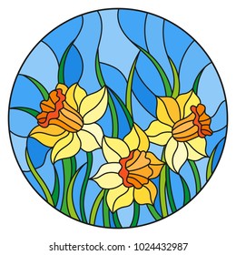 Illustration in stained glass style with a bouquet of yellow daffodils on a blue background, round image