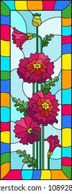 Illustration in stained glass style with a bouquet of pink poppies on a blue background in bright frame, vertical orientation