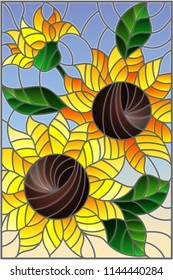 Illustration in stained glass style with a bouquet of sunflowers, flowers,buds and leaves of the flower on sky background