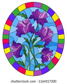 Illustration in stained glass style with a bouquet of a plant with purple flowers on a blue background in a bright frame, oval image