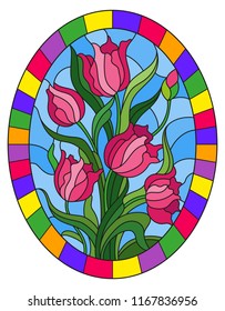 Illustration in stained glass style with a bouquet of pink tulips on a blue background in a bright frame, oval image