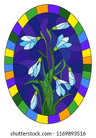 Illustration in stained glass style with bouquet of  white snowdrops  on a  blue background ,oval image in bright frame 
