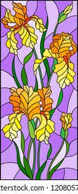 Illustration in stained glass style with  bouquet of yellow irises, flowers, buds and leaves on purple background