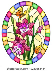 Illustration in stained glass style with a bouquet of pink daffodils and yellow butterflies on a blue background in bright frame