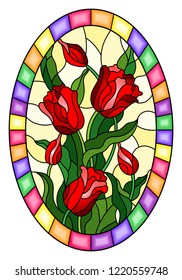 Illustration in stained glass style with a bouquet of red tulips on a yellow background in a bright frame, oval image