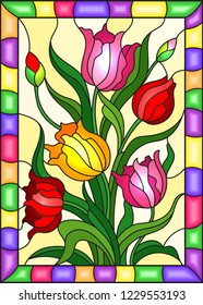 Illustration in stained glass style with a bouquet of  tulips on a yellow background in bright frame