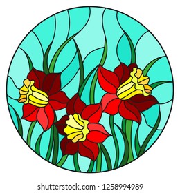 Illustration in stained glass style with a bouquet of red daffodils on a blue background, round image