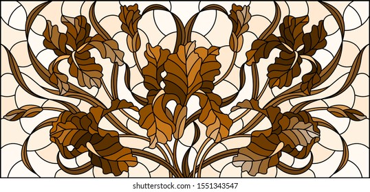 Illustration in stained glass style with  bouquet of irises, flowers, buds and leaves on light background, tone brown