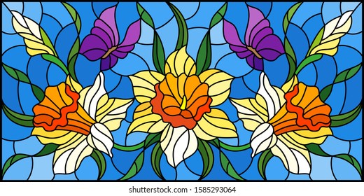 Illustration in stained glass style with a bouquet of yellow daffodils and purple butterflies on a blue background