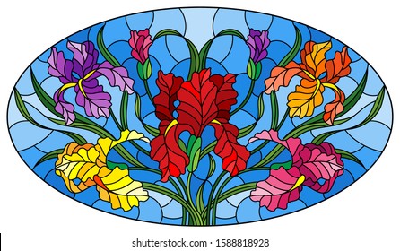 Illustration in stained glass style with  bouquet of irises, flowers, buds and leaves on blue background, oval image