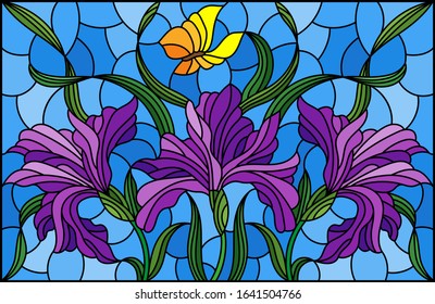 Illustration in stained glass style with a bouquet of purple irises and yellow butterflies on a blue background