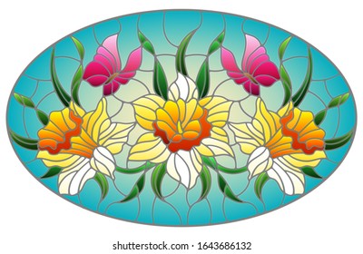 Illustration in stained glass style with a bouquet of yellow daffodils and pink butterflies on a blue background, oval image
