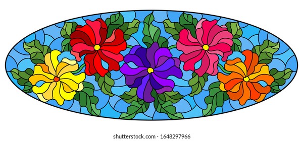 Illustration in stained glass style with a bouquet of bright flowers of petunia on a blue background , oval image