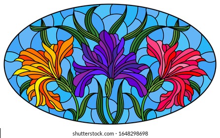 Illustration in stained glass style with  bouquet of irises, flowers, buds and leaves on blue background, oval image