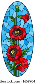 Illustration in stained glass style with a bouquet of red  poppies on a blue background, vertical orientation, oval image