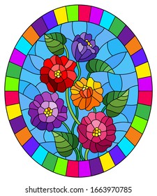Illustration in stained glass style with a bouquet of multicolored tsiniya flowers, oval image in a bright frame