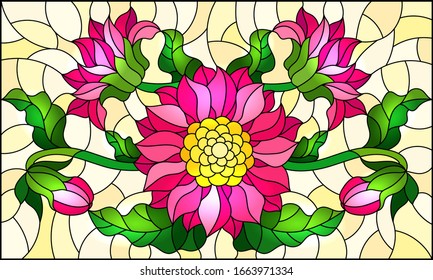 Illustration in stained glass style with a bouquet of pink flowers on a yellow background