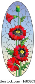 Illustration in stained glass style with a bouquet of red  poppies on a blue background, vertical orientation, oval image