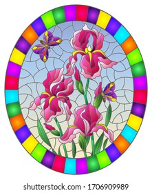 Illustration in stained glass style with a bouquet of pink irises and a purple butterflies on a blue background