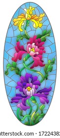 Illustration in stained glass style with a bouquet of rises  on a blue background, oval image