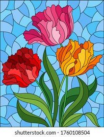 Illustration in stained glass style with a bouquet of colorful tulips on a sky background