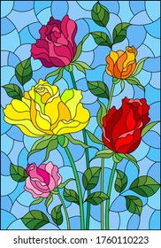 Illustration in stained glass style with a bouquet of roses on a blue background