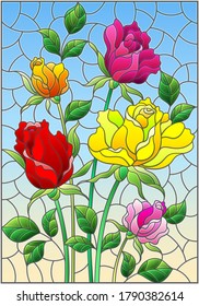 Illustration in stained glass style with a bouquet of roses on a blue background