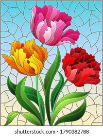 Illustration in stained glass style with a bouquet of colorful tulips on a sky background