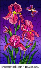 Illustration in stained glass style with a bouquet of pink  irises and purple butterflies on a sky background