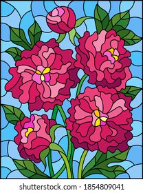 Illustration in stained glass style with a bouquet of pink peonies on a blue background, rectangular image