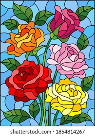 Ilustración de cristal teñido con un ramo de rosas brillantes sobre un fondo azul, imagen rectangular