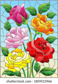 Illustration in stained glass style with a bouquet of bright roses on a blue background, rectangular image