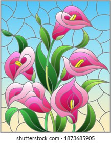 Illustration in stained glass style with a bouquet of pink Calla flowers on a blue background, rectangular image