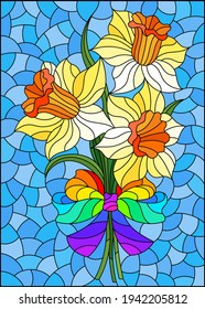 Illustration in the stained glass style with a bouquet of pink daffodils on a blue background, rectangular image