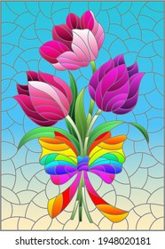 Illustration in the stained glass style with a bouquet of pink tulips on a blue background, rectangular image