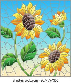 Illustration in stained glass style with a bouquet of sunflowers, flowers,buds and leaves of the flower on sky background