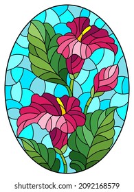 Illustration in stained glass style with a bouquet of Calla flowers on a blue background, oval image