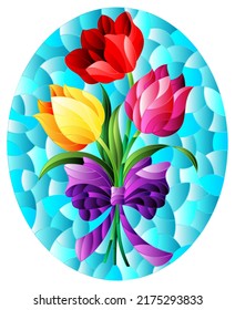 Illustration in the stained glass style with a bouquet of bright tulips on a blue background, oval image