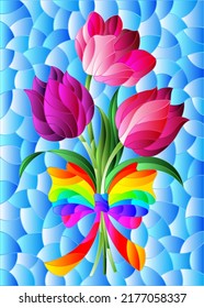 Illustration in the stained glass style with a bouquet of pink tulips on a blue background, rectangular image