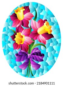 Illustration in the stained glass style with a bouquet of pink daffodils on a blue background, oval image 