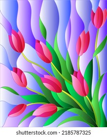 Illustration in stained glass style with a bouquet of pink tulipson a purple background