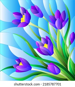 Illustration in stained glass style with bouquet of purple crocuses  on a purple background 