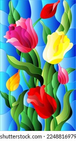 Illustration in stained glass style with a bouquet of colorful tulips on a blue background