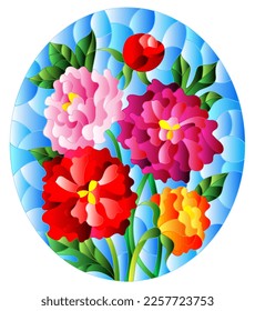 Illustration in stained glass style with a bouquet of  peonies on a blue background, oval image 