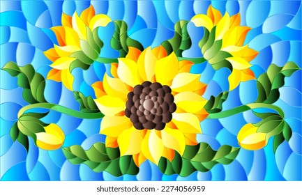 Illustration in stained glass style with a bouquet of sunflowers, flowers,buds and leaves of the flower on blue background